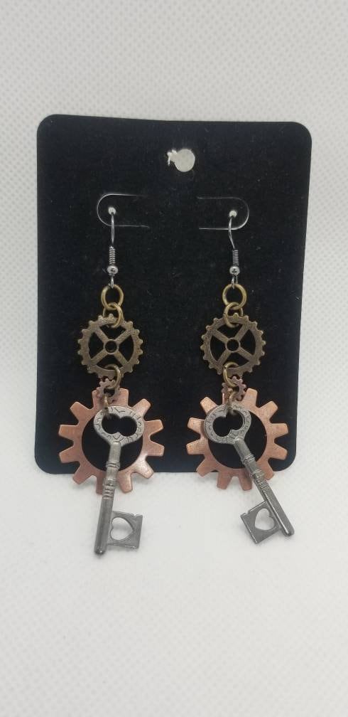 Triple Gear and Key Earrings