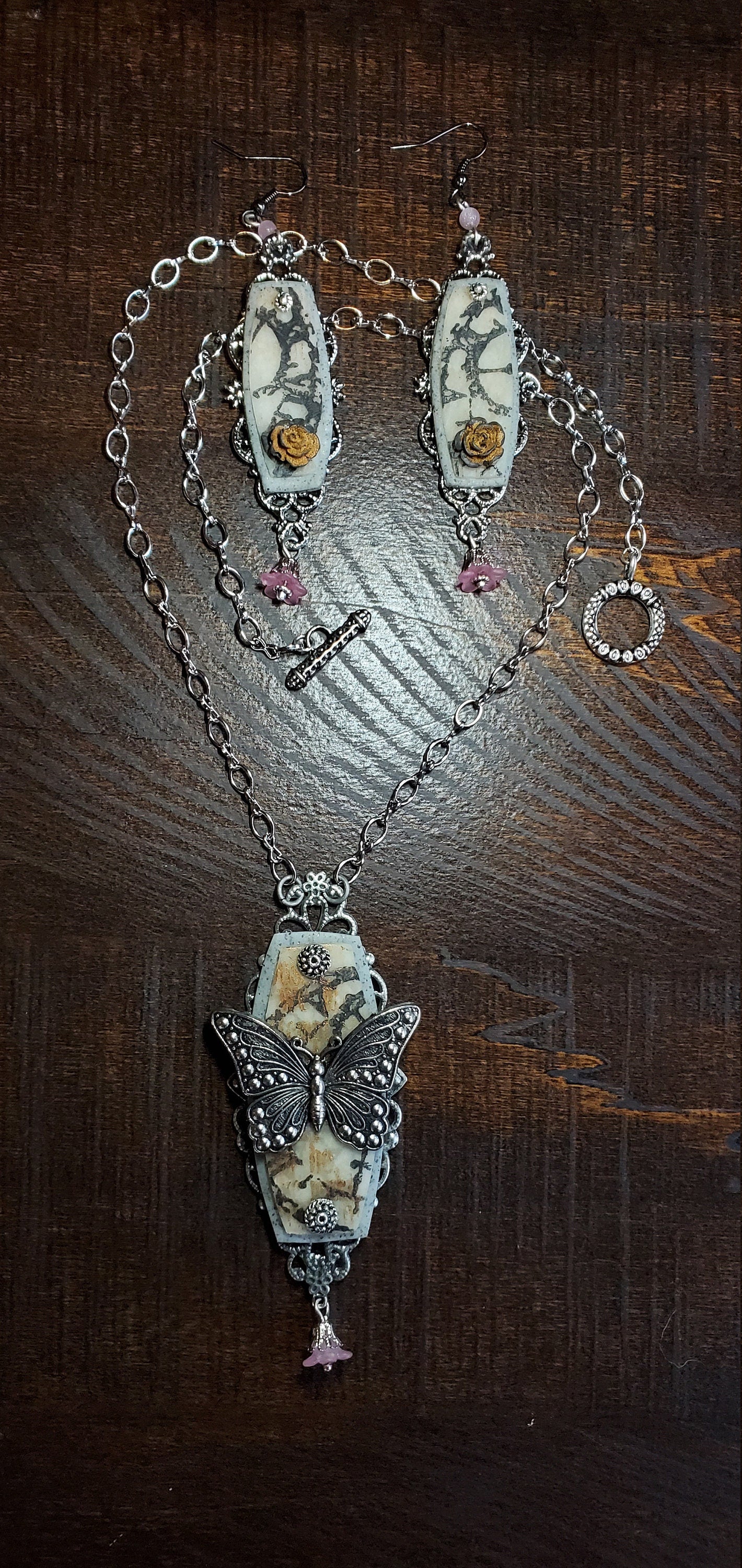 Butterfly and Rose Necklace and Earring Set