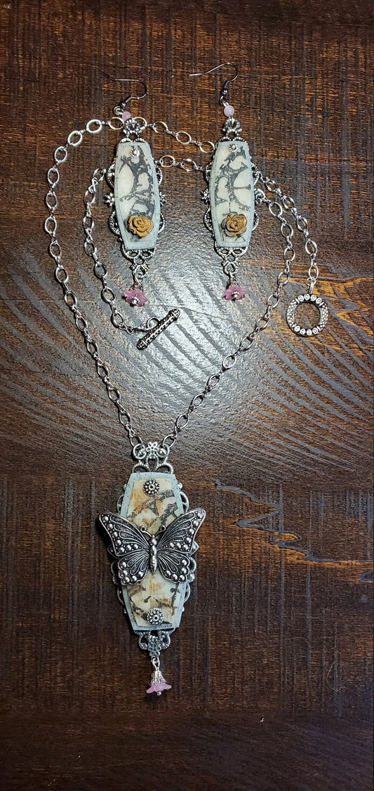 Butterfly and Rose Necklace and Earring Set