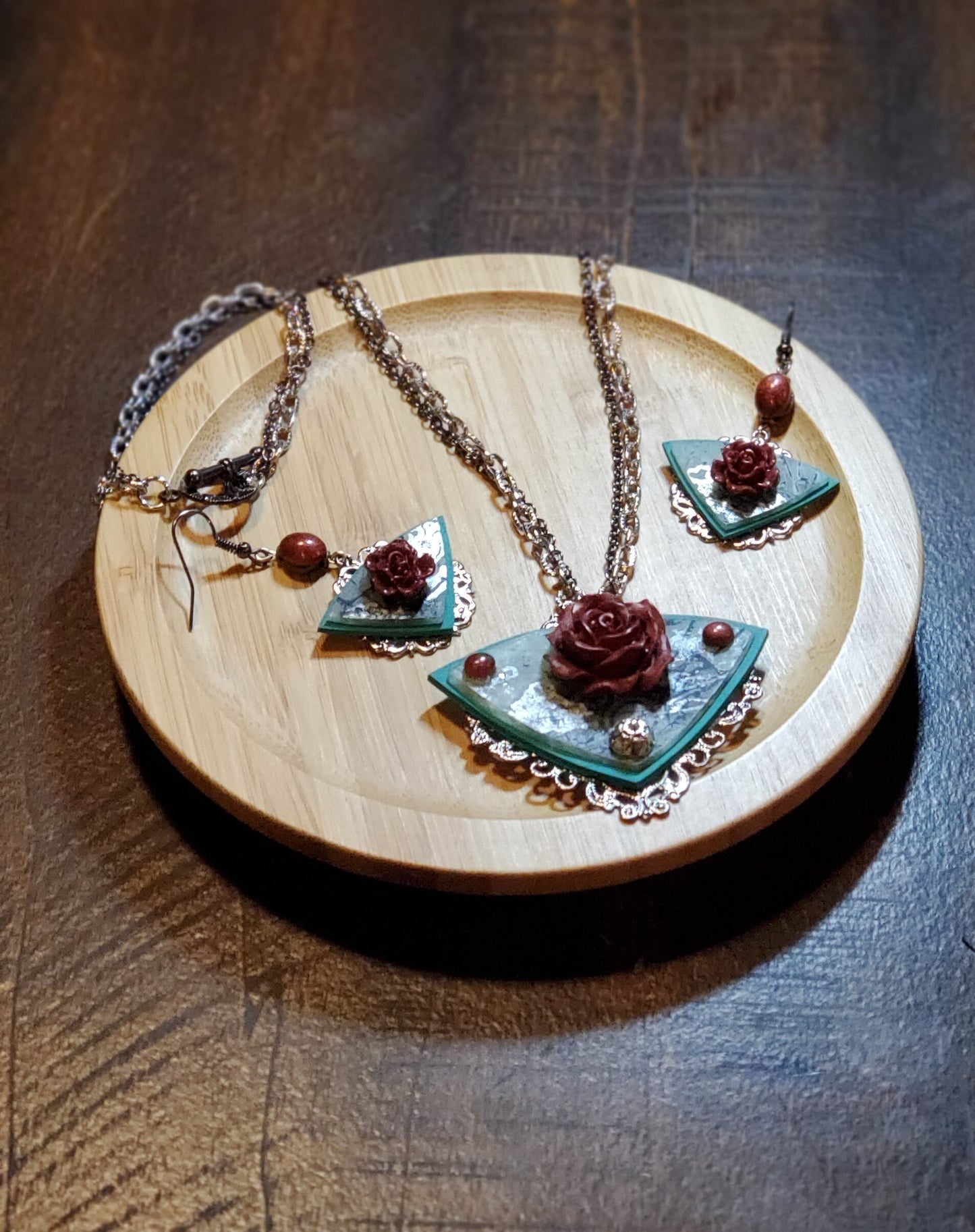 Filigree Rose Polymer Necklace and Earring Set