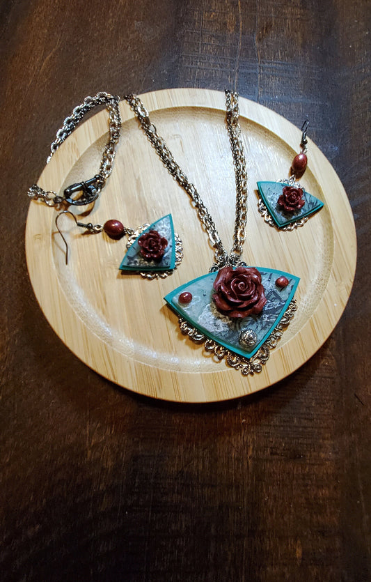 Filigree Rose Polymer Necklace and Earring Set