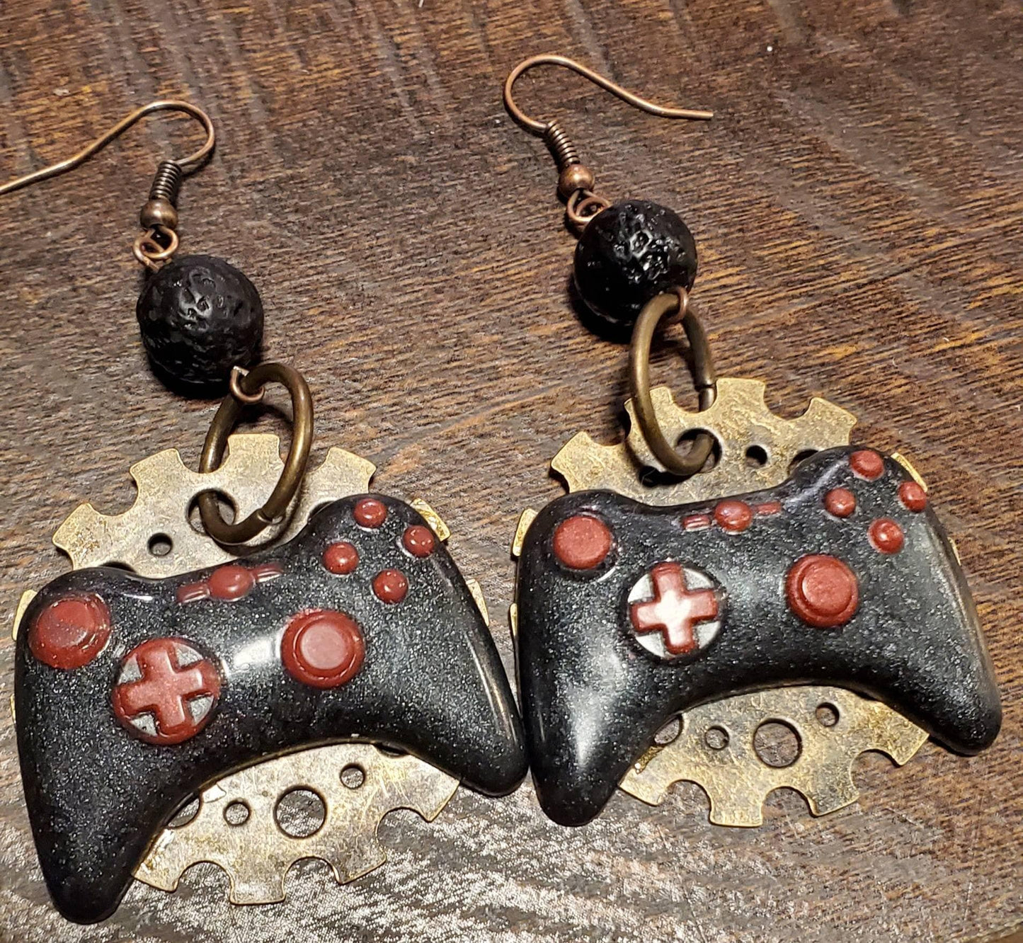 Black and Red XBox Controller Earrings with Gears