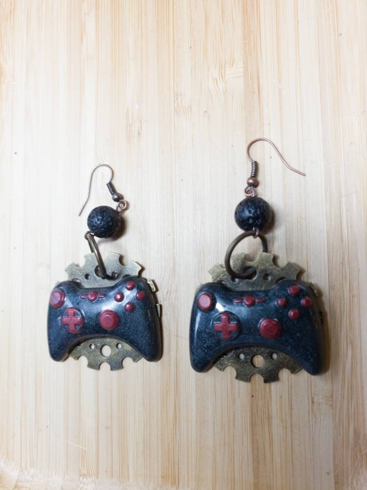 Black and Red XBox Controller Earrings with Gears