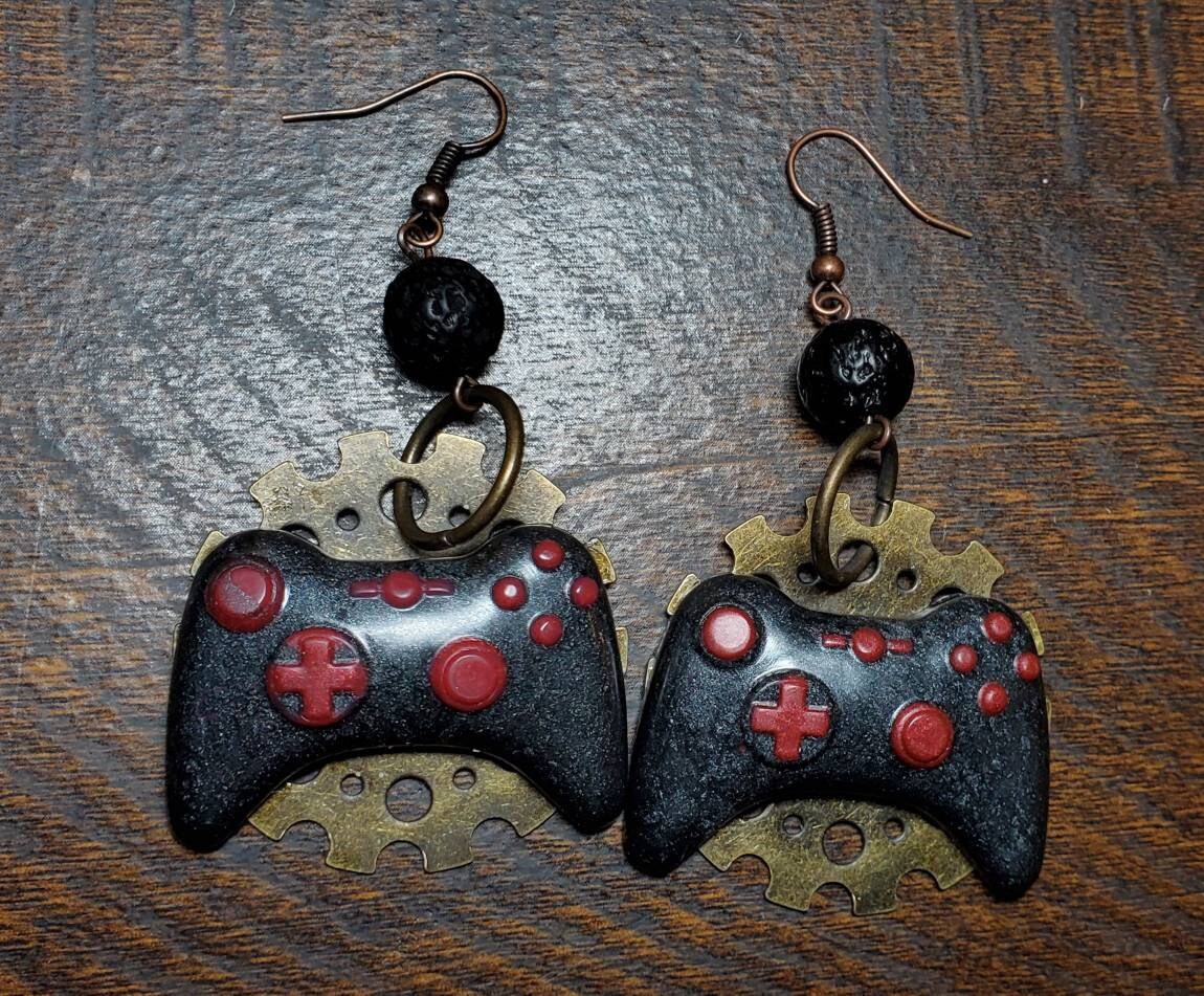 Black and Red XBox Controller Earrings with Gears