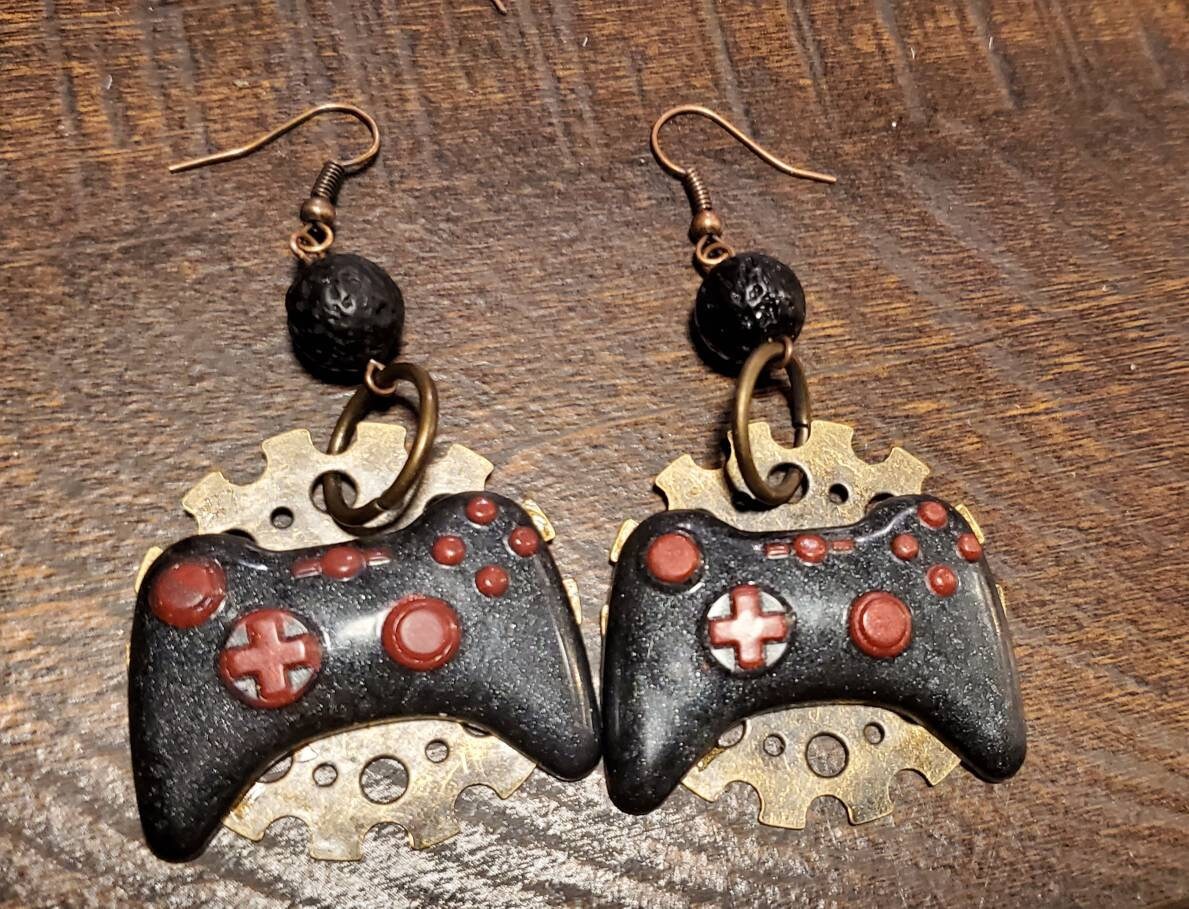 Black and Red XBox Controller Earrings with Gears