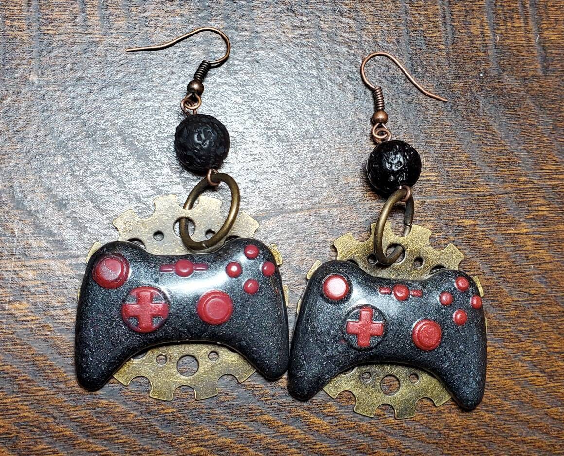 Black and Red XBox Controller Earrings with Gears