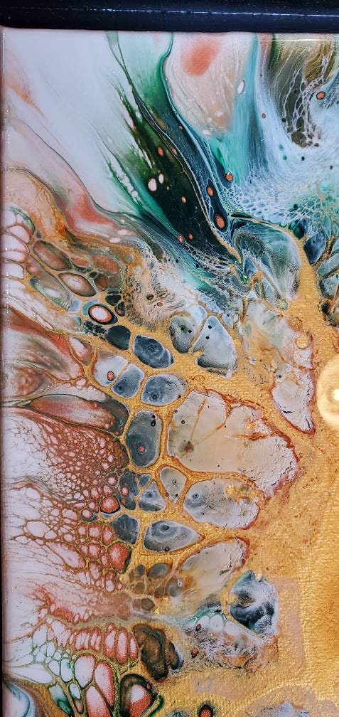 The Golden Tree acrylic pour painting 8x10, Original, Resin Capped Abstract Art