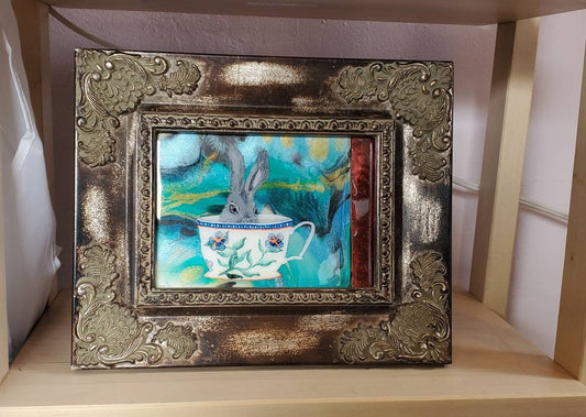 Rabbit in a Teacup framed resin pour and acrylic painting