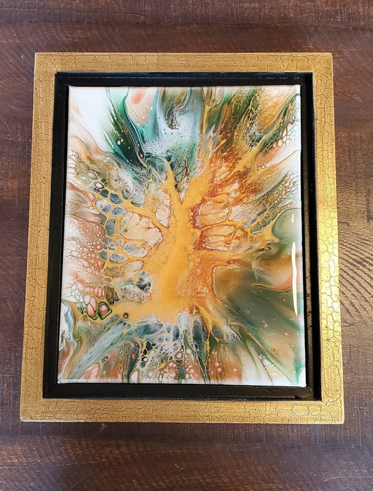 The Golden Tree acrylic pour painting 8x10, Original, Resin Capped Abstract Art