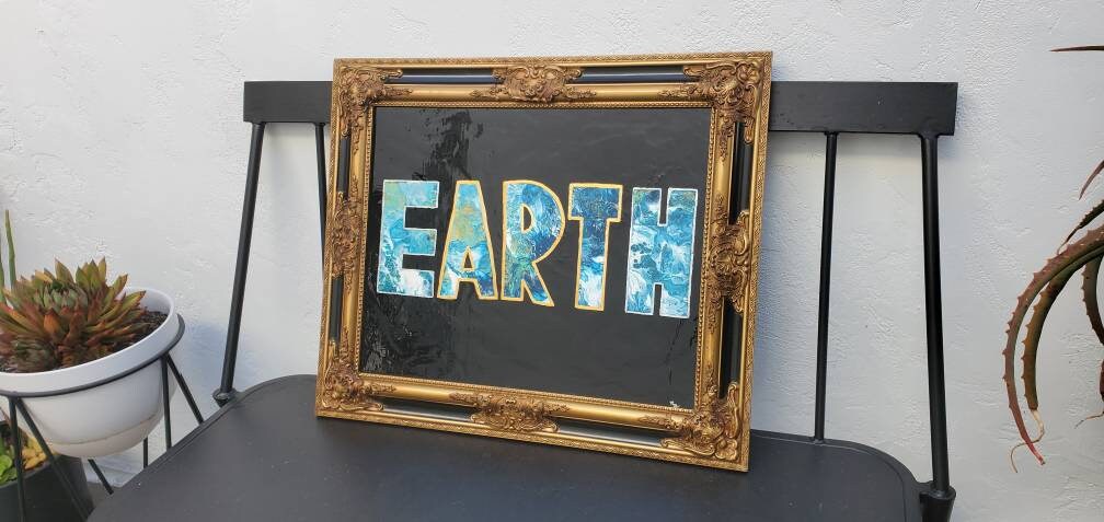 eARTh Acrylic Pour Painting 16x20 with ornate frame, original