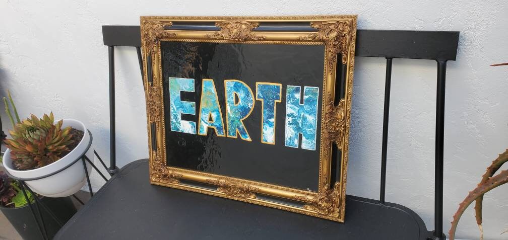 eARTh Acrylic Pour Painting 16x20 with ornate frame, original