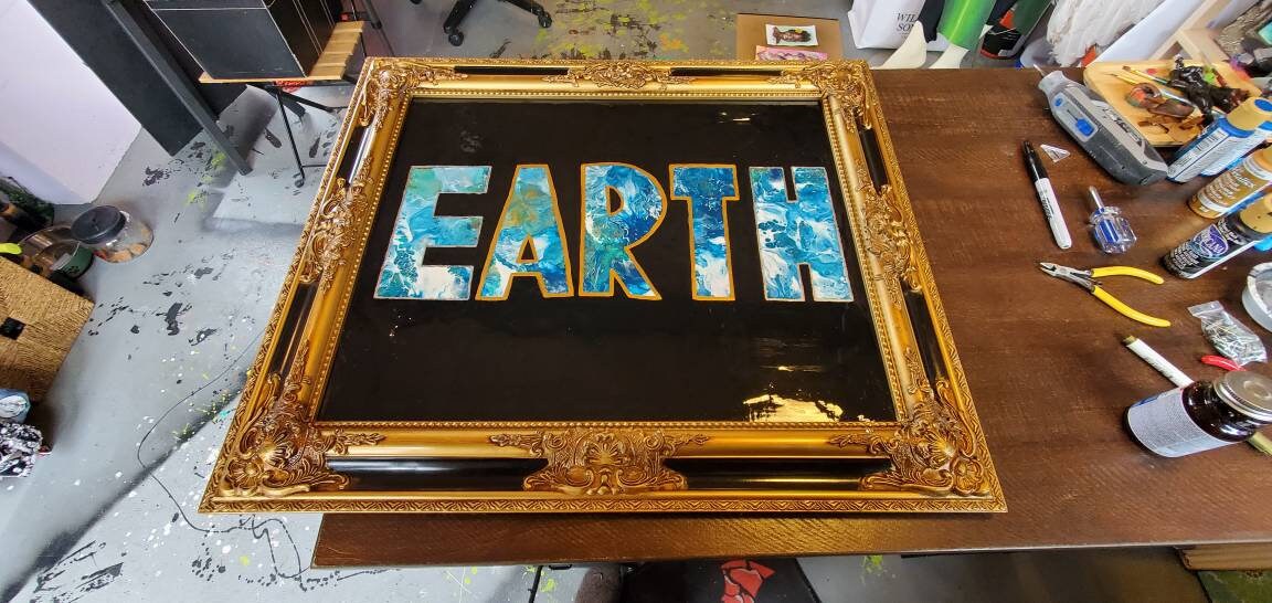 eARTh Acrylic Pour Painting 16x20 with ornate frame, original