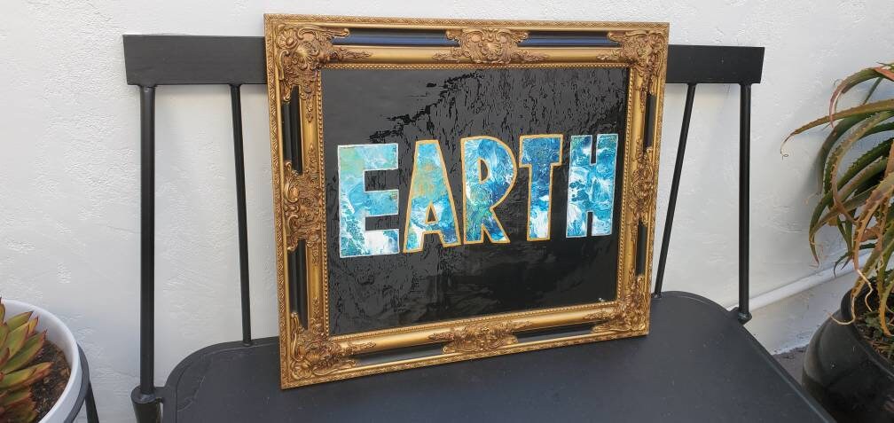 eARTh Acrylic Pour Painting 16x20 with ornate frame, original