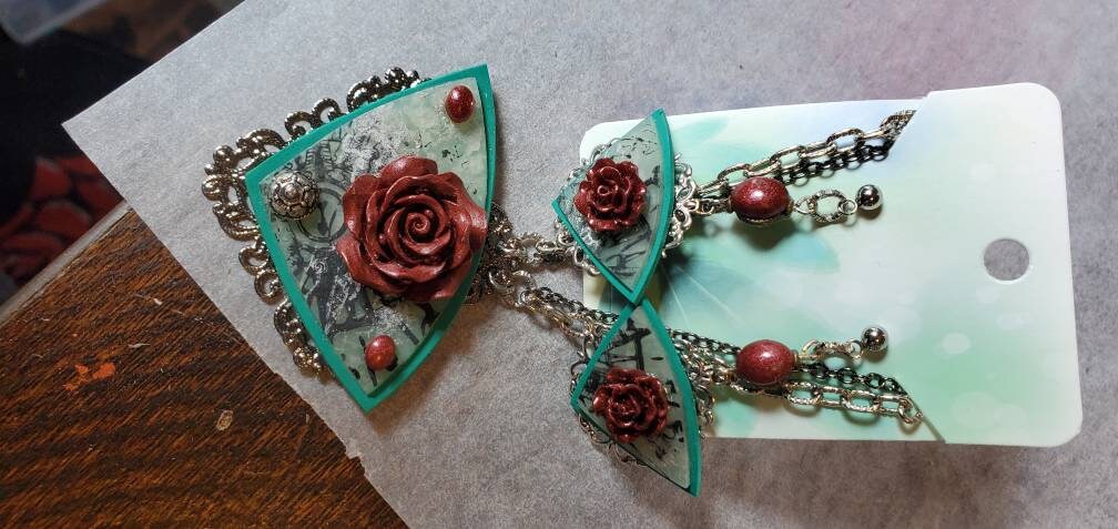 Filigree Rose Polymer Necklace and Earring Set