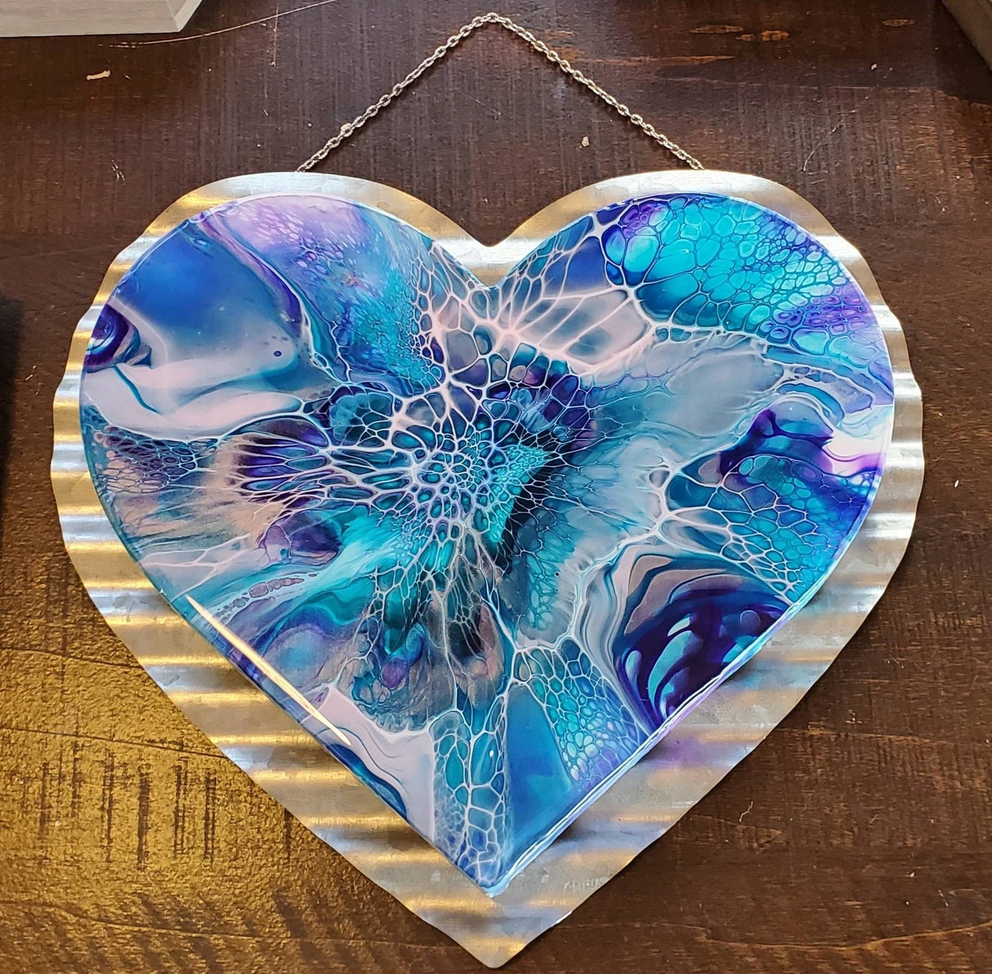 Blue Heart Abstract Art Acrylic Pour on Metal Backing 10" wide