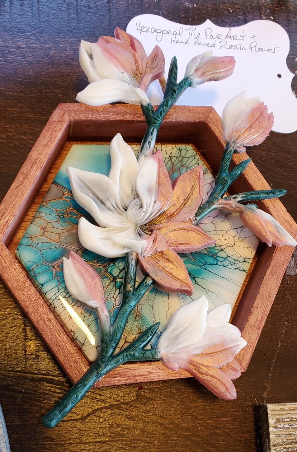 Rose Gold and White Flowers over a Blue and Gold Acrylic Pour Tile