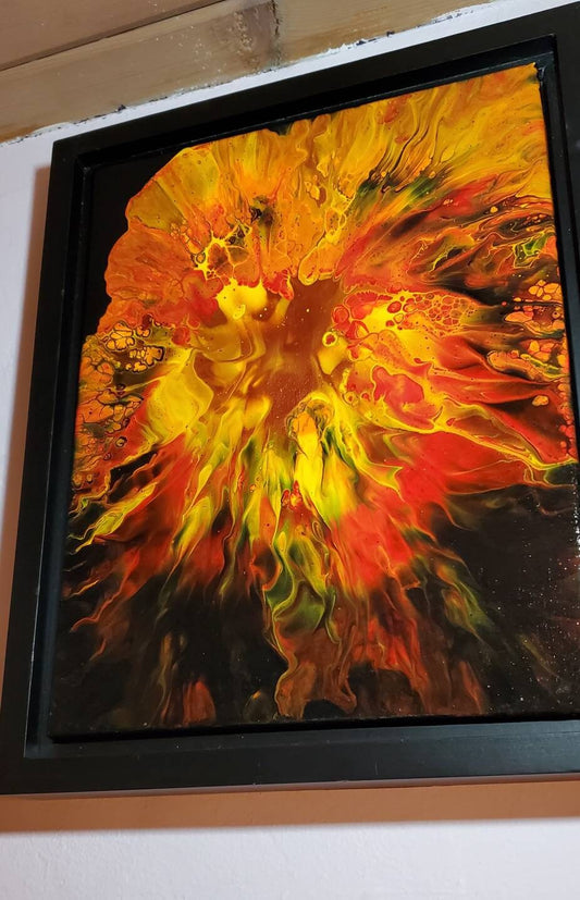 Inferno - An Abstract Fluid Art Painting in Red, Orange, Yellow, and Black with a Copper Center. 11x14, Framed