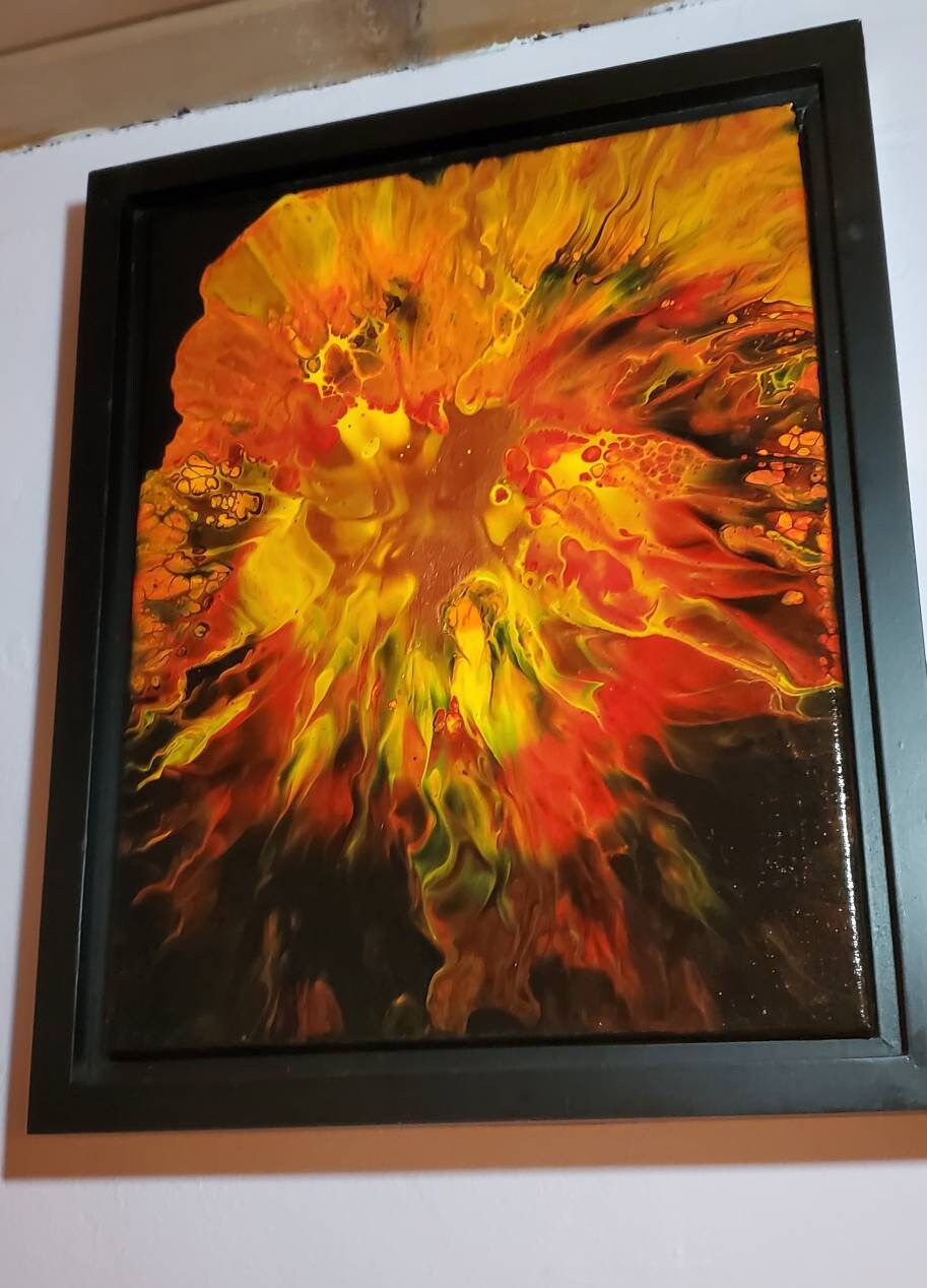 Inferno - An Abstract Fluid Art Painting in Red, Orange, Yellow, and Black with a Copper Center. 11x14, Framed