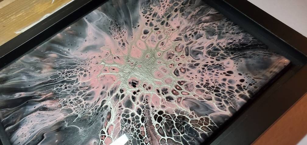 The Tin Man's Heart - Acrylic Pour Art in Silver, Black, and Pink 8x10, framed