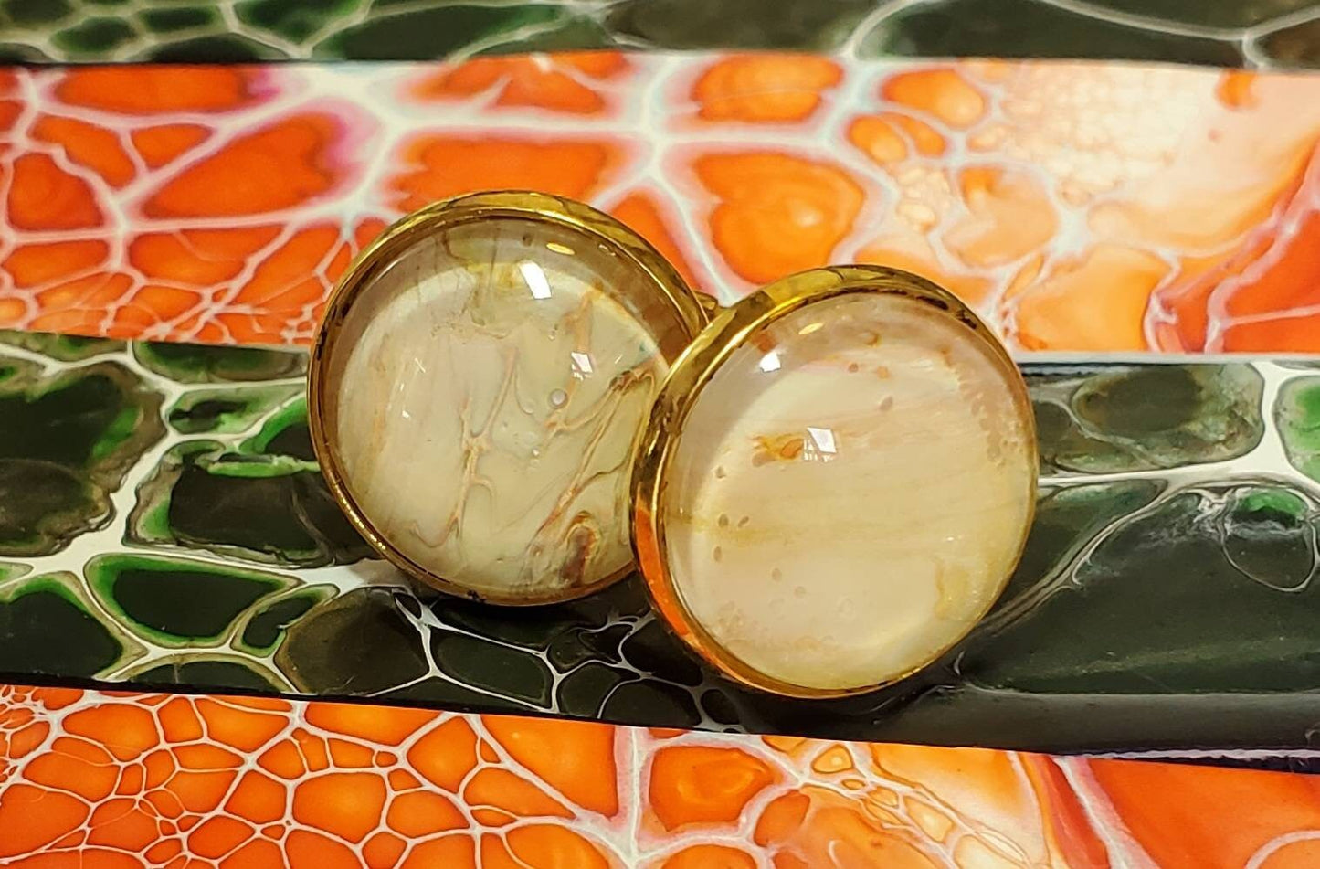 Cream and Gold Acrylic Pour Unique Cuff Links