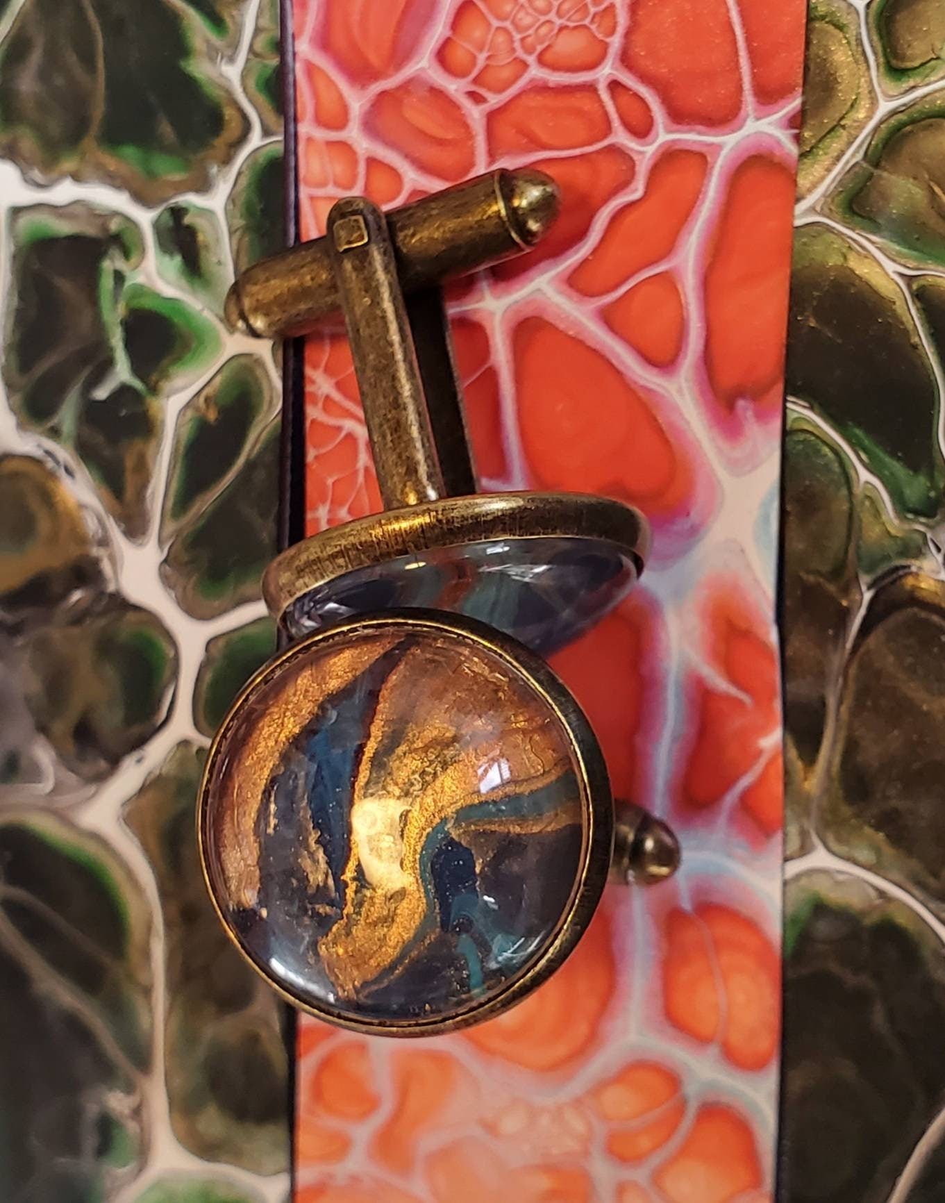 Blue and Copper Unique Acrylic Pour Painting Cufflinks