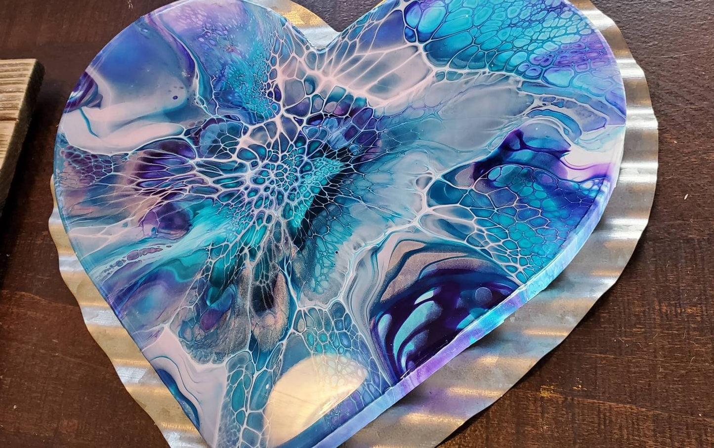 Blue Heart Abstract Art Acrylic Pour on Metal Backing 10" wide