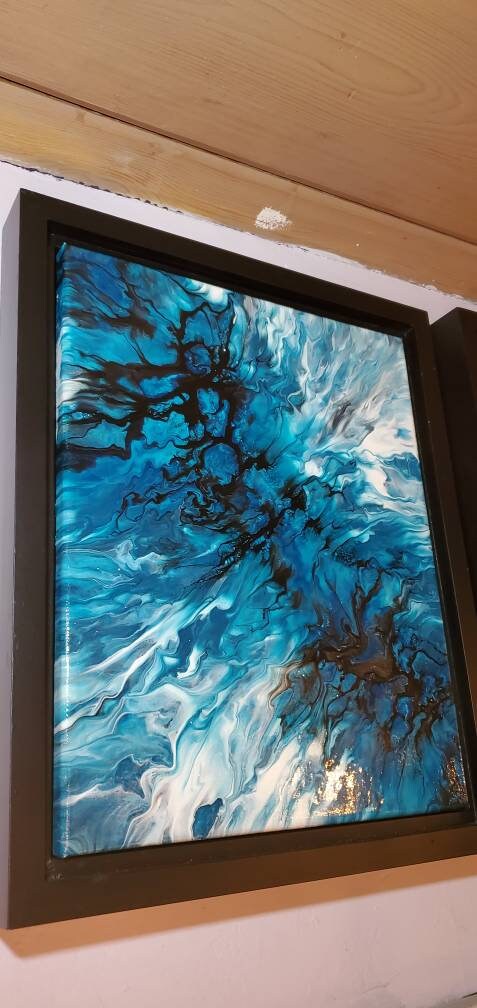 A Rift in Space - An Abstract Acrylic Pour Painting in Blue 11×14, Framed