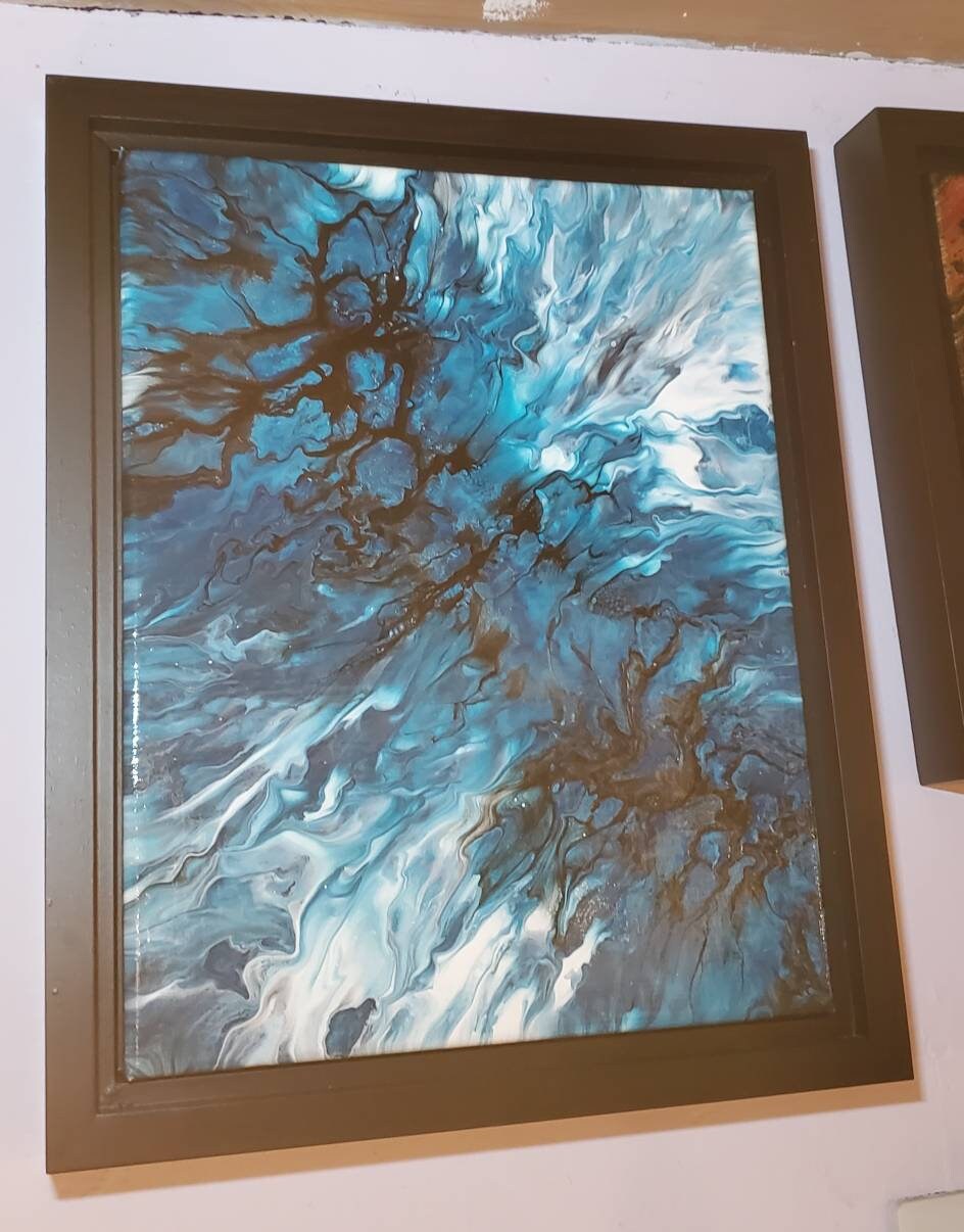 A Rift in Space - An Abstract Acrylic Pour Painting in Blue 11×14, Framed