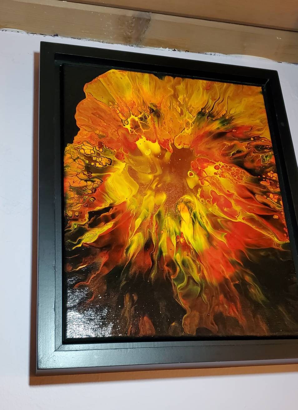 Inferno - An Abstract Fluid Art Painting in Red, Orange, Yellow, and Black with a Copper Center. 11x14, Framed