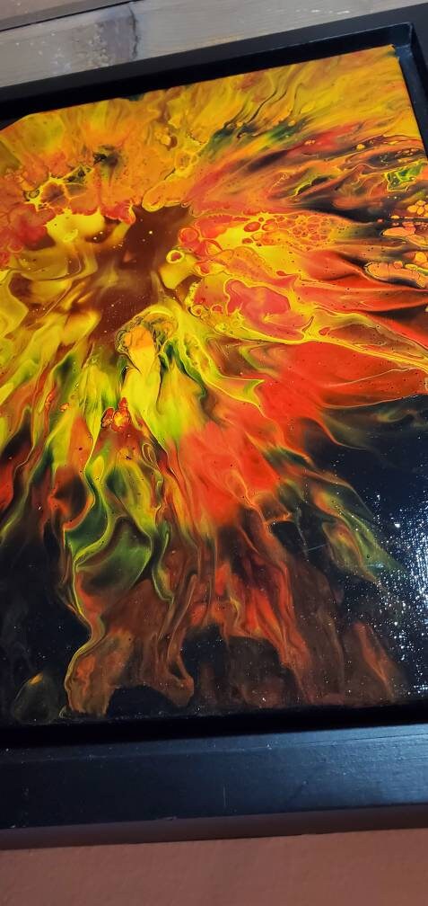 Inferno - An Abstract Fluid Art Painting in Red, Orange, Yellow, and Black with a Copper Center. 11x14, Framed