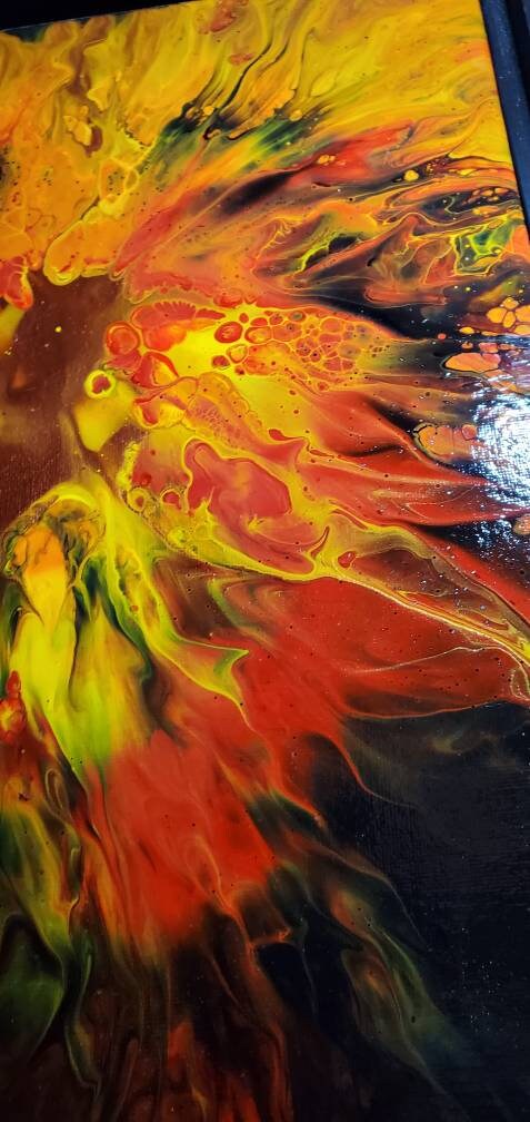 Inferno - An Abstract Fluid Art Painting in Red, Orange, Yellow, and Black with a Copper Center. 11x14, Framed