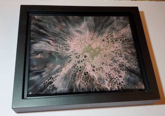 The Tin Man's Heart - Acrylic Pour Art in Silver, Black, and Pink 8x10, framed