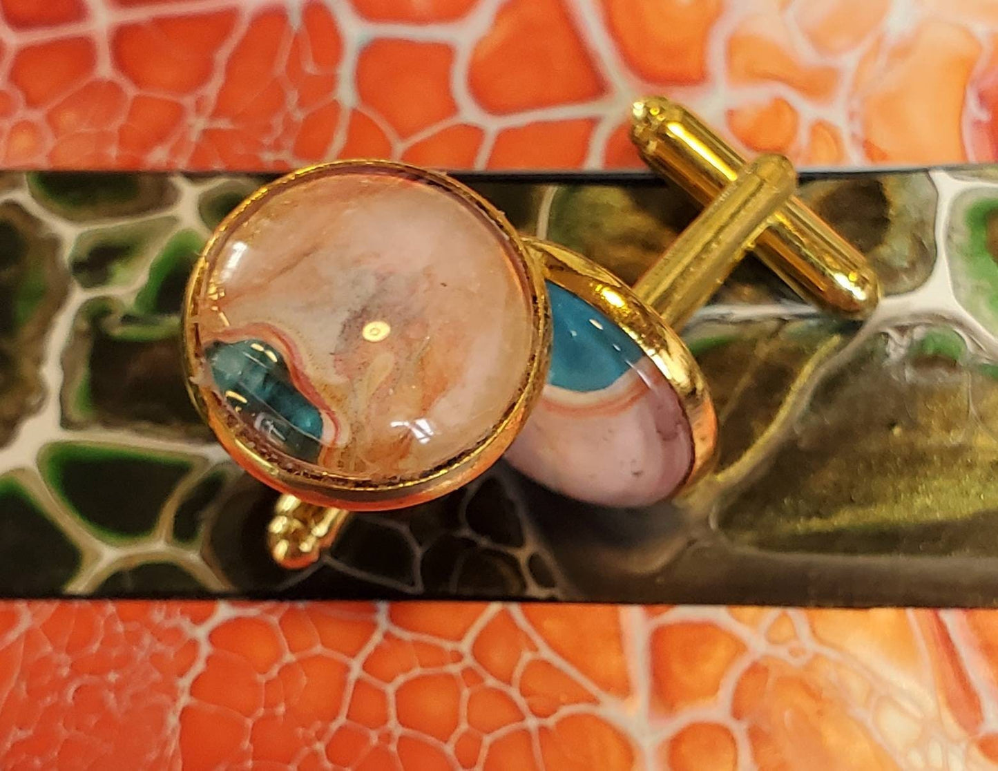 Gold, Pink, and Blue Bubble Unique Acrylic Pour Cuff Links