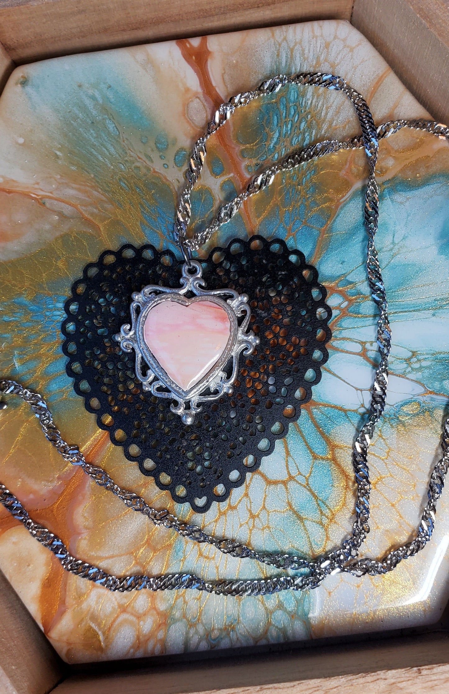 Fluid Art Sunset Heart Pendant with Stainless Steel Chain