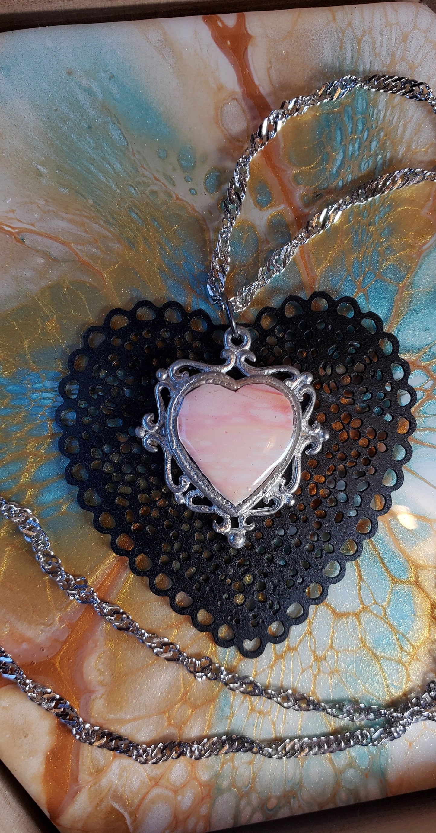 Fluid Art Sunset Heart Pendant with Stainless Steel Chain