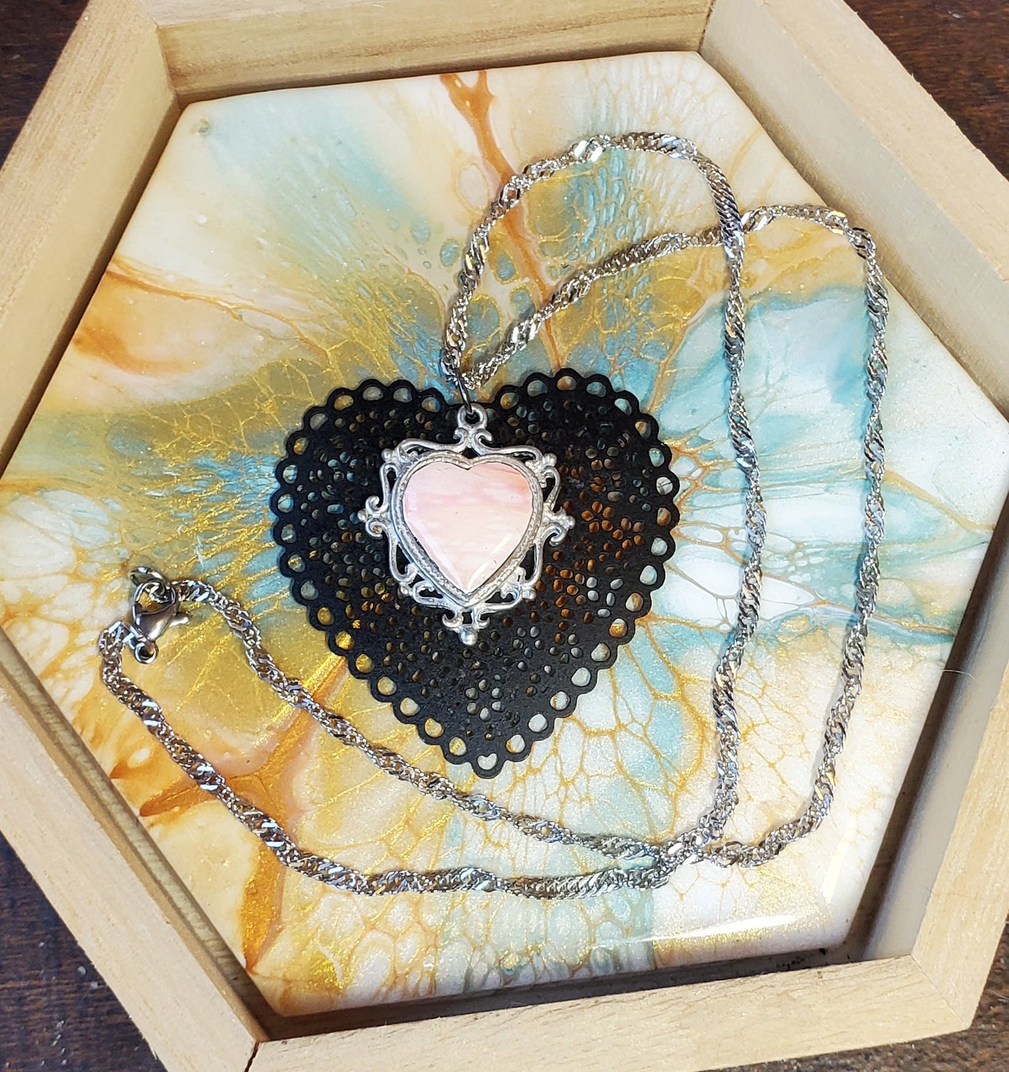 Fluid Art Sunset Heart Pendant with Stainless Steel Chain