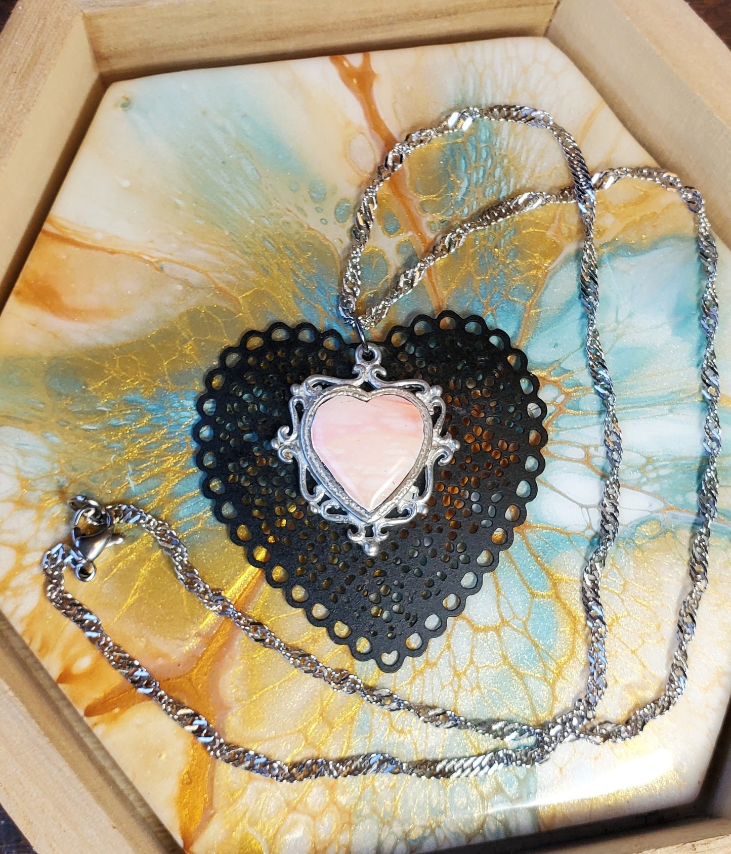 Fluid Art Sunset Heart Pendant with Stainless Steel Chain