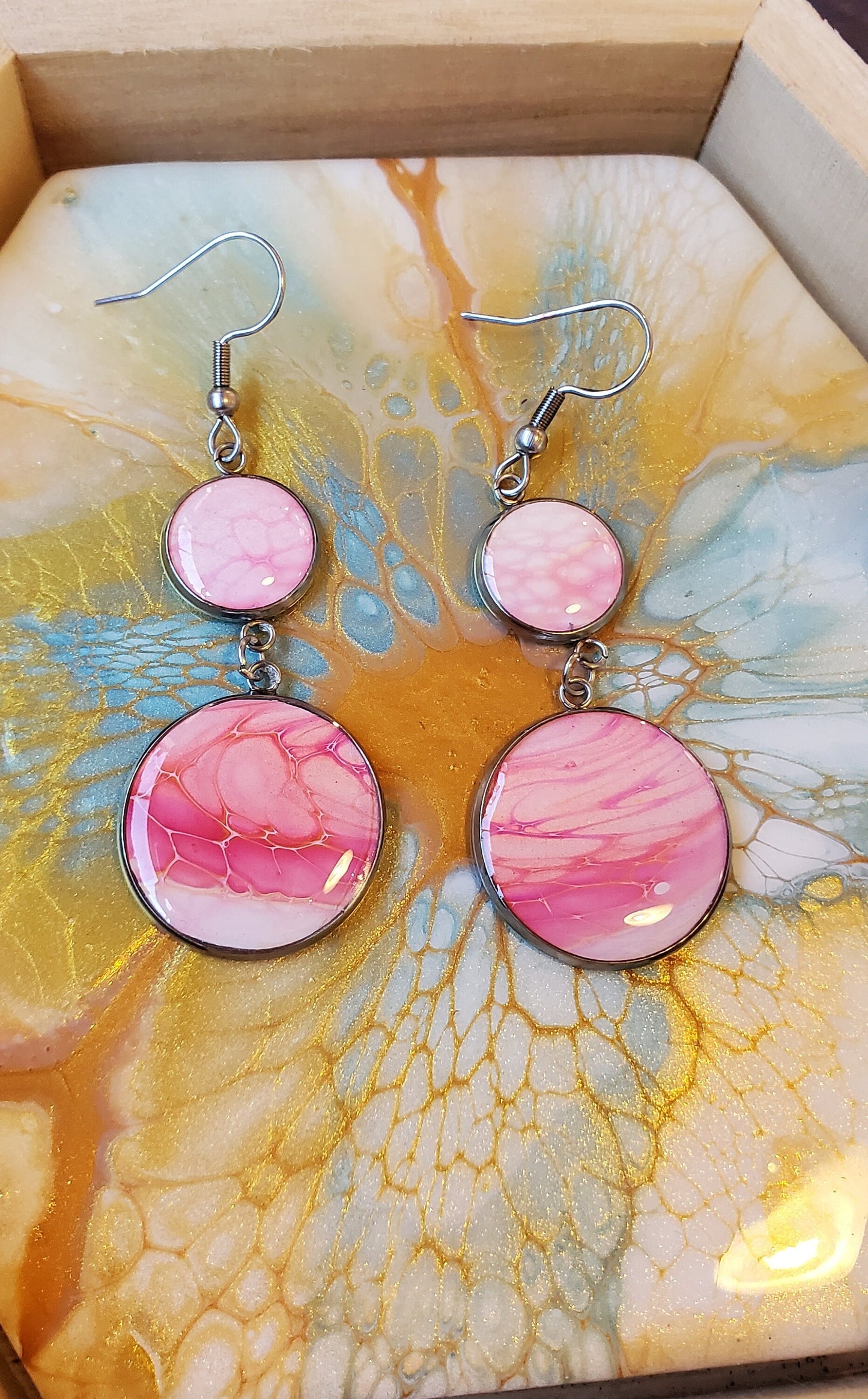 Sunset Pink Stainless Steel Fluid Art Earrings