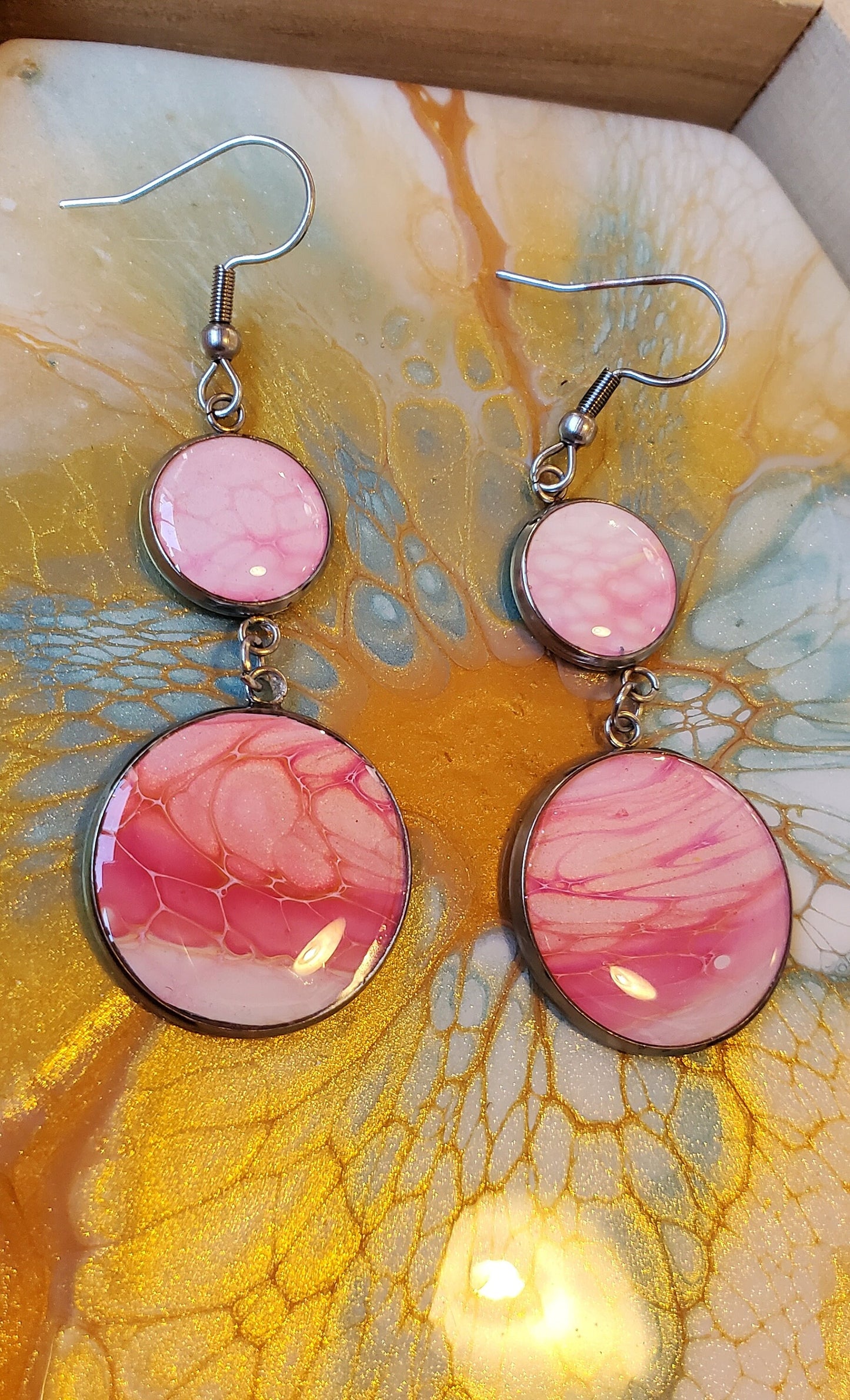 Sunset Pink Stainless Steel Fluid Art Earrings