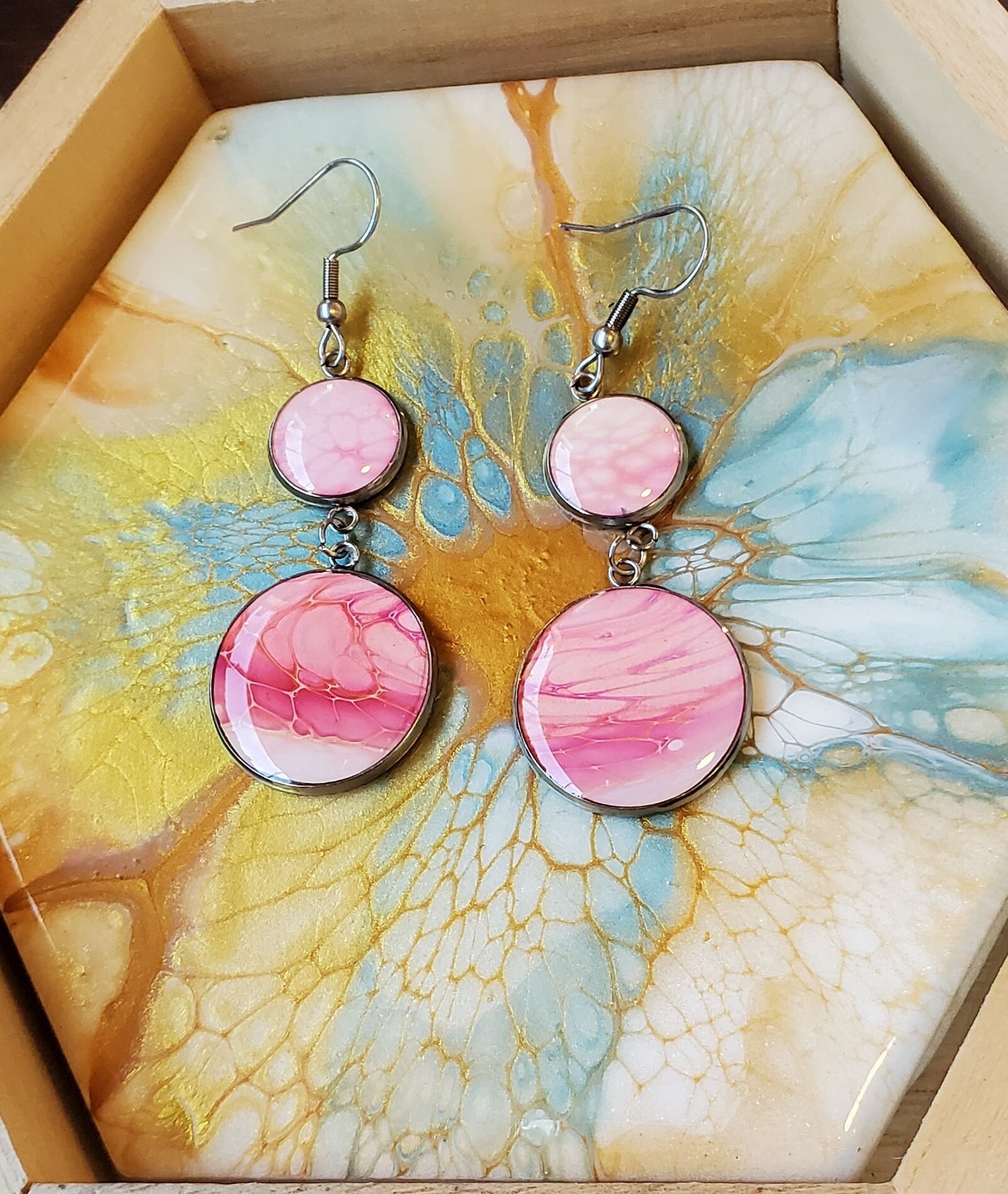 Sunset Pink Stainless Steel Fluid Art Earrings