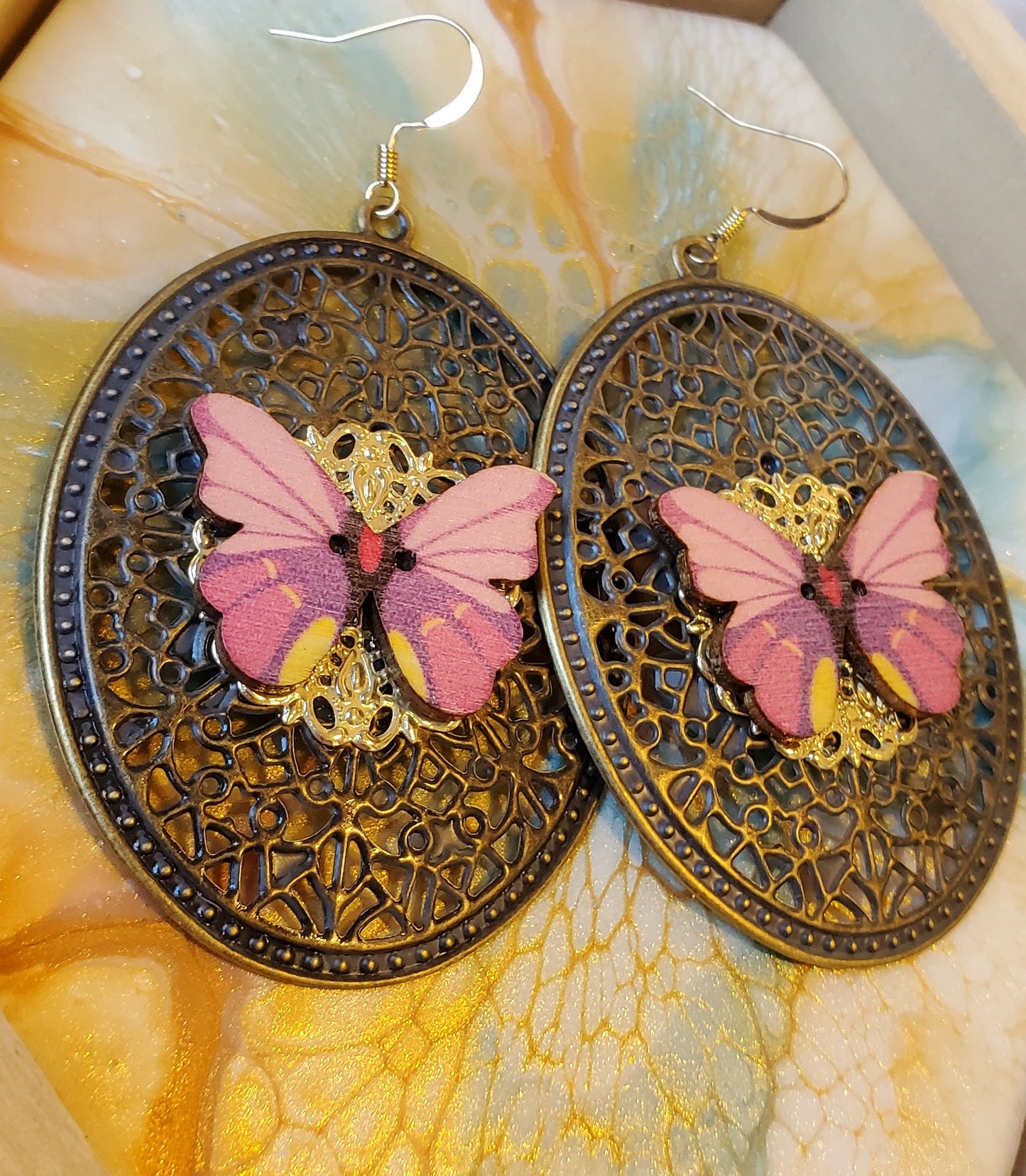 Butterfly Wood Button Filigree Earrings