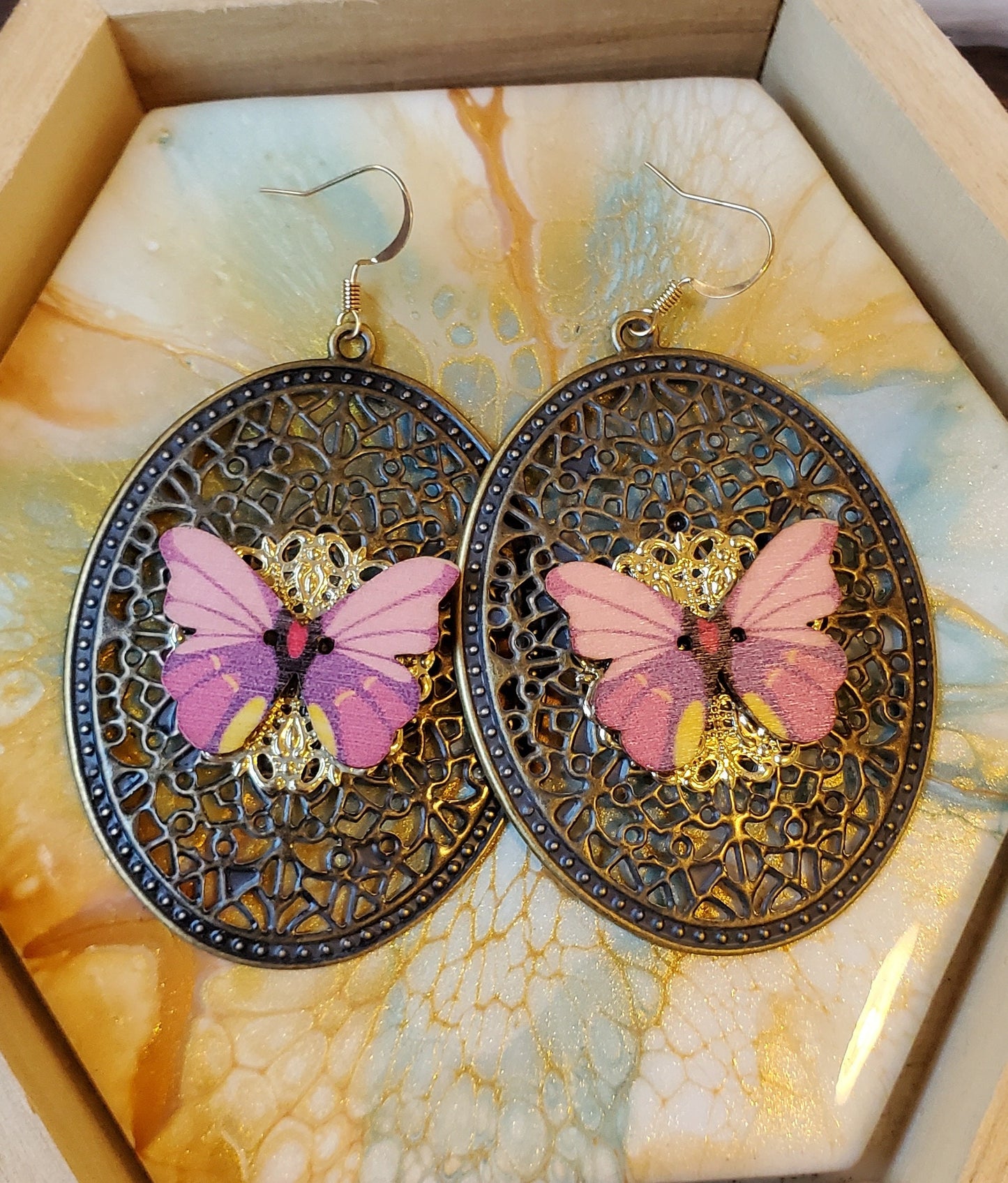 Butterfly Wood Button Filigree Earrings