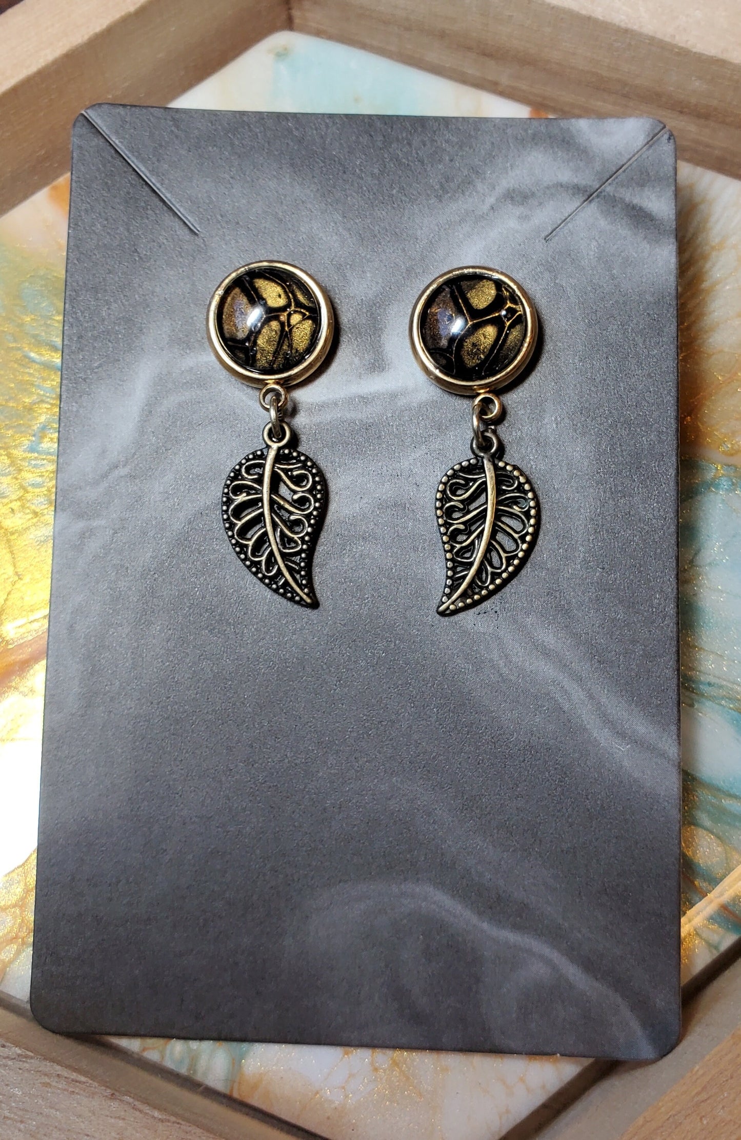 Gold, Black and Bronze Fluid Art and Leaf Stud Drop Earrings