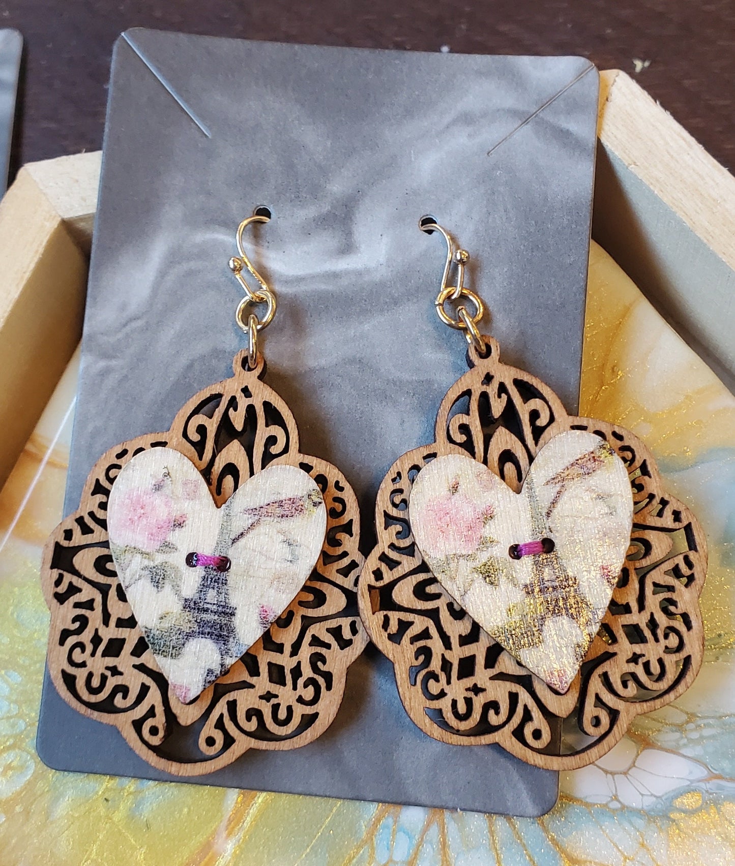 Paris Wood Button Filigree Earrings