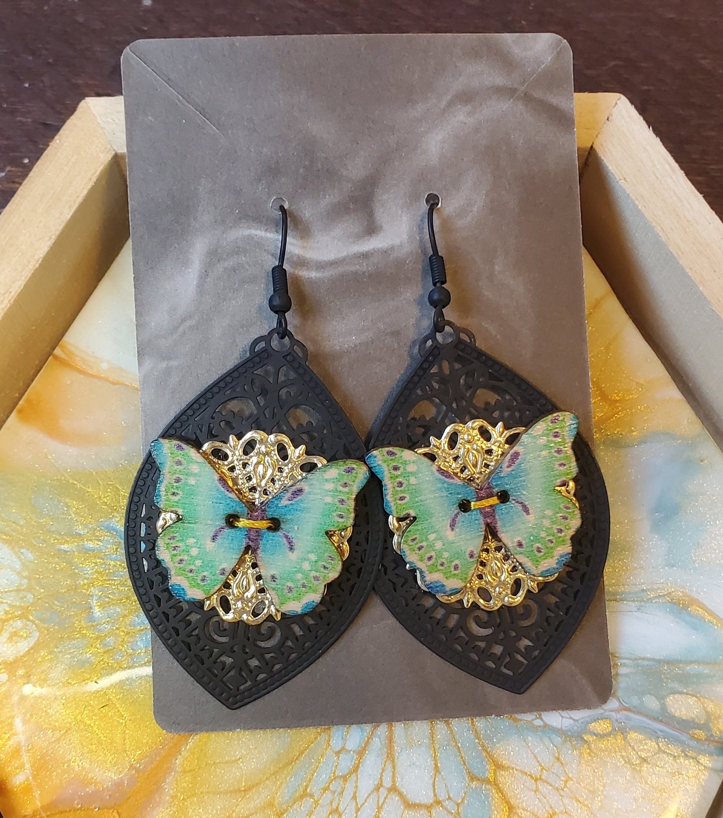 Green Butterfly Wood Button with Gold and Black Filigree Earrings