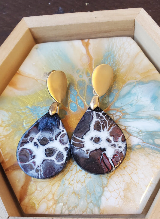 Fluid Art Earrings with Red and Green Chameleon and Gold on Wood