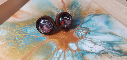 Fluid Art Earrings in Red with Wood Studs