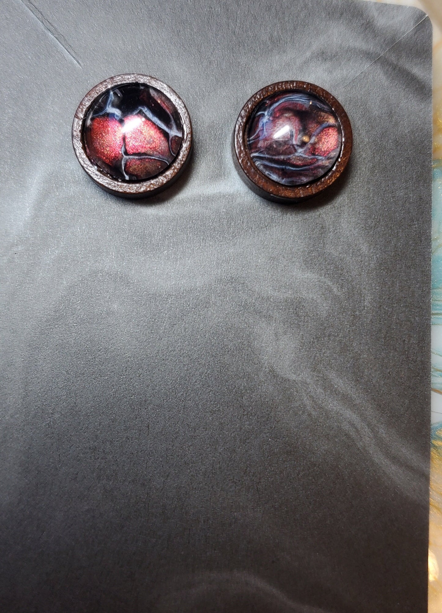 Fluid Art Earrings in Red with Wood Studs