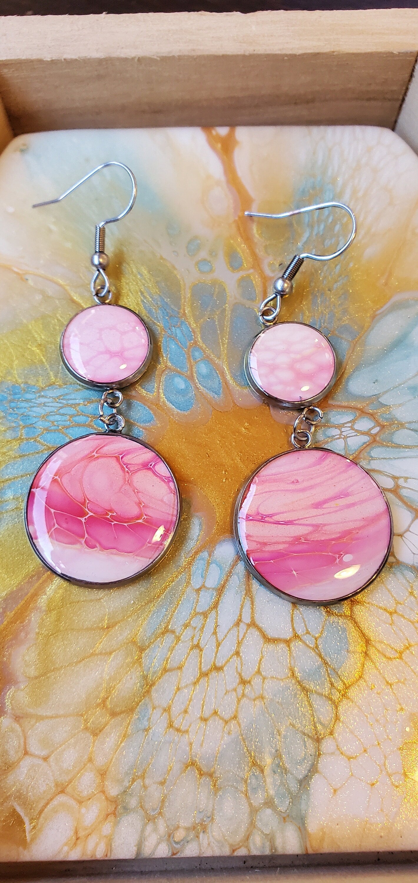 Sunset Pink Stainless Steel Fluid Art Earrings