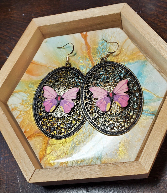 Butterfly Wood Button Filigree Earrings